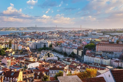 View of Lisbon famous view from Miradouro da Senhora do Monte tourist viewpoint of Alfama and