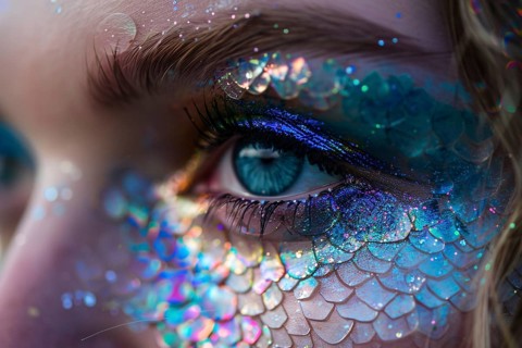 Close up of woman's beautiful mermaid Halloween costume eye makeup. Generative AI, AI generated