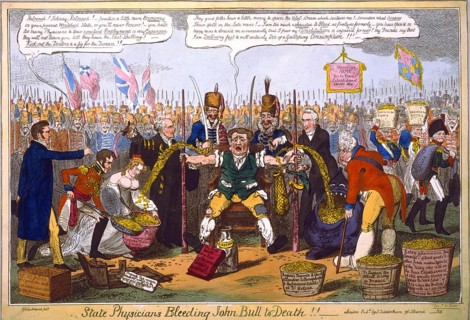 State physicians let John Bull bleed to death, caricature by G. Cruikshank 1816, from left: Lord