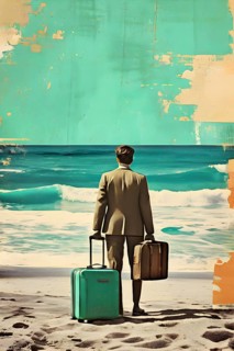 Vintage collage of a tourist with suitcase on a beach symbolizing vacation, AI generated