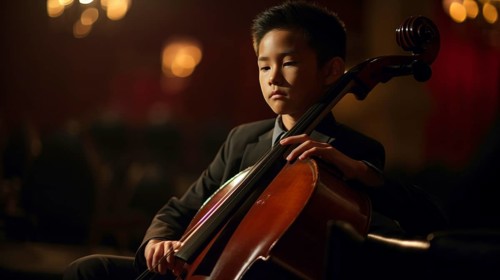Young asian boy playing his cello at the concert hall under dramatic lights, generatvie AI, AI