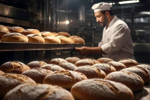 Fresh loaves of bread dominate the foreground of an industrial bakery, AI generated