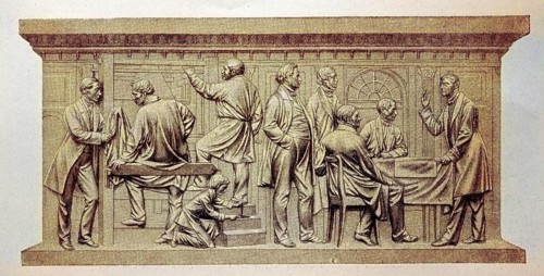 In a weaving mill, a relief by Friedrich Drake on the monument to Beuths zu Kiss in Berlin,