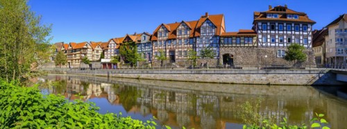 Half-timbered houses on the River Fulda, German Half-Timbered Houses Route, Hannoversch Münden,