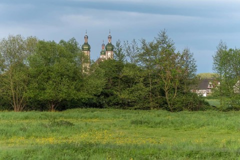 The baroque Saint-Maurice church in Ebersmunster surrounded by meadows in spring. Bas Rhin, Alsace,