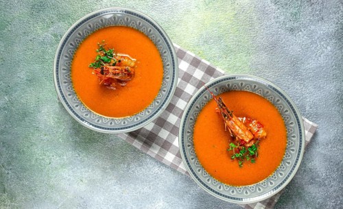 Shrimp cream soup, bisque soup, French cuisine, homemade, no people