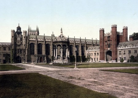 The Trinity College at Cambridge in England, Historical, digitally restored reproduction from a