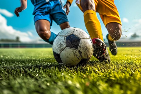 Two soccer players struggle dribble and kick a ball on a football stadium field, AI generated