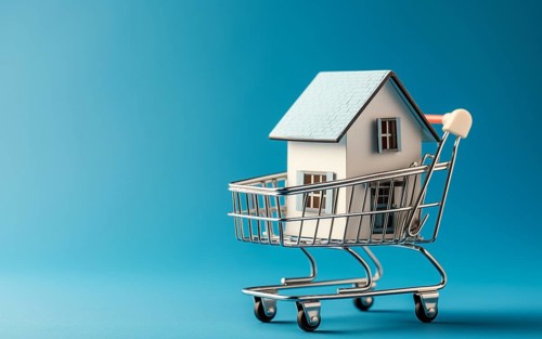 Real estate shopping concept, a house is a shopping cart on blue background, AI generated