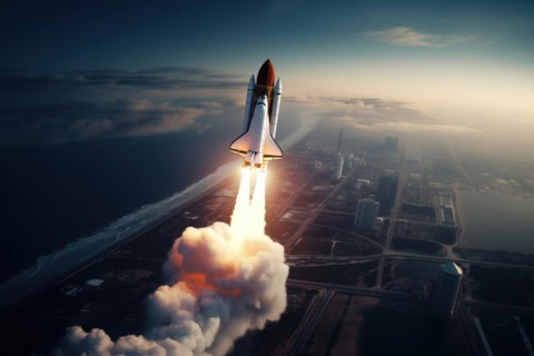 Aerial view of a rocket shuttle carrier launch at sunrise over an ocean coast. The rocket is