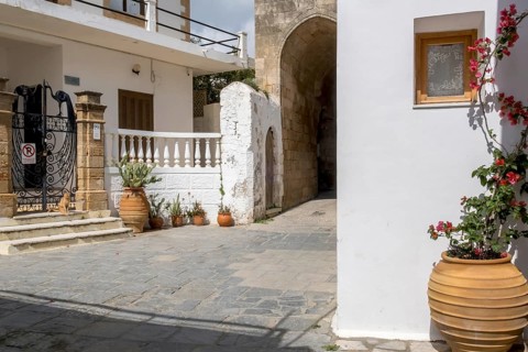 A narrow, cobbled alleyway with white Mediterranean buildings and flower pots containing flowers,