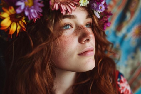 Young beautiful woman with long wavy hair with flowers. KI generiert, generiert, AI generated