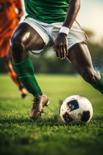 Two soccer players struggle dribble and kick a ball on a football stadium field, AI generated