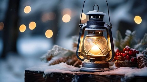 Vintage-style Christmas lantern hanging on a rustic post, covered in frost and surrounded by