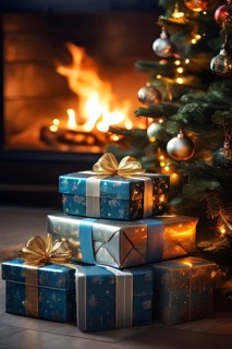 Beautiful wrapped Christmas gifts with shiny ribbons and bows stacked under a evergreen tree in a