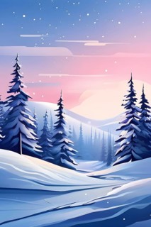 Abstract winter wonderland with minimalist stylized pine trees and snowdrifts using soft pastel