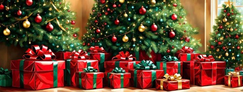 Abstract illustration of wrapped Christmas gifts, shiny ribbons and bows, stacked under a evergreen