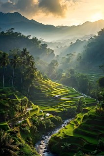 Early morning light bathes Philippines rice terraces cascading down mountain slopes, AI generated