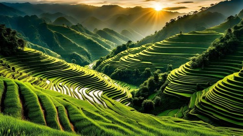 Early morning light bathes Philippines rice terraces cascading down mountain slopes, AI generated