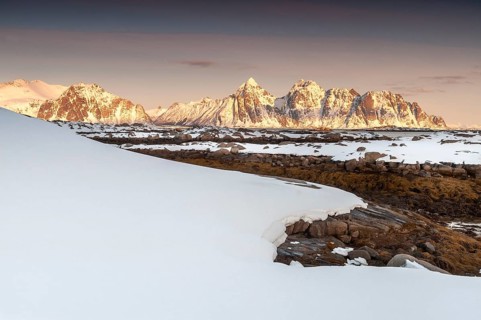 Winter landscape, Rugged mountains, Lofoten island Vestvågøya at the fjord Gimsøystraumen, Lofoten,