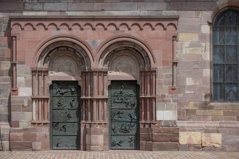 Entrance portals of the Villingen Minster of Our Lady, with modern doors, Villingen-Schwenningen,
