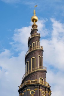 Corkscrew-shaped tower of the Evangelical Lutheran Church of the Saviour, in front of Frelsers