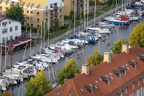 View from the Vor Frelsers Kirke to moored sailing boats, Christianshavn Canal, Christianshavn