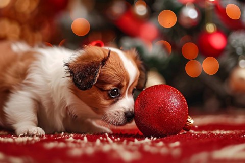 Curious dog puppy playing with red Christmas tree bauble. Generative AI, AI generated