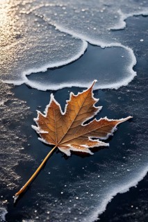 Delicate leaf resting on the surface of a frozen puddle, with intricate ice crystals forming