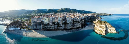 Panorama of Tropea from a drone, Tyrrhenian Sea, Calabria, Italy, Europe