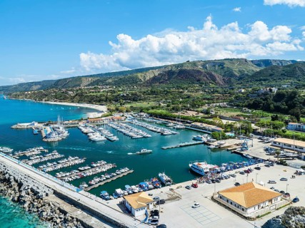 Port and Marina in Tropea from a drone, Tyrrhenian Sea, Calabria, Italy, Europe