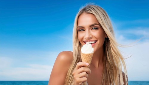 A blonde woman enjoys eating an ice cream cone, AI generated