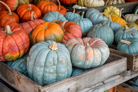 Many colorful muscade pumpkins at market. Generative Ai, AI generated