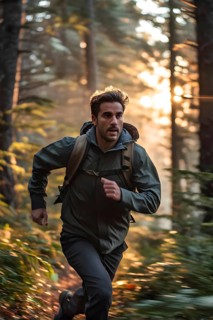 Man caught in a streak of urgency darting through an upland forest at the first light of dawn, AI