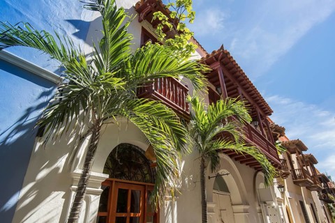 Famous colonial Cartagena Walled City (Cuidad Amurrallada) and its colorful buildings in historic