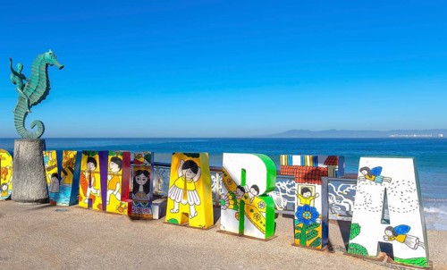Puerto Vallarta, Mexico-20 April, 2020: Famous Puerto Vallarta sea promenade, El Malecon, with