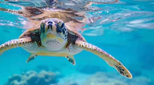 A turtle is swimming underwater in the ocean. The water is clear and turquoise, AI generated