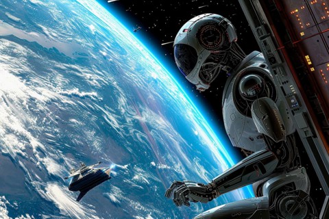 Futuristic humanoid robot working outside a spaceship, AI generated