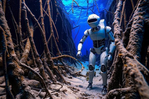 Futuristic humanoid robot inspecting a shipwreck underwater, AI generated
