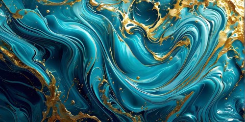 Digital art illustration of a liquid whirlpool swirling with cyan and golden tones, AI generated
