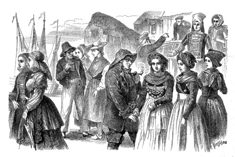 Folk costumes from Friesland, West Frisians, East Frisians, North Frisians (from left), Germany, in