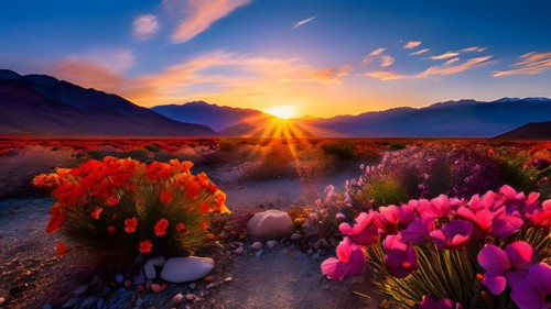 Rare super bloom of wildflowers transforming the floor of death valley, AI generated