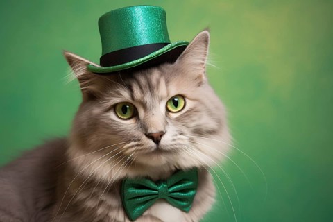 Cat with green St. Patrick's day tophat and bowtie on studio background. KI generiert, generiert AI