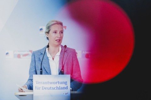 Alice Weidel, Federal Chairwoman of the AfD (Alternative for Germany), speaks to the media in front