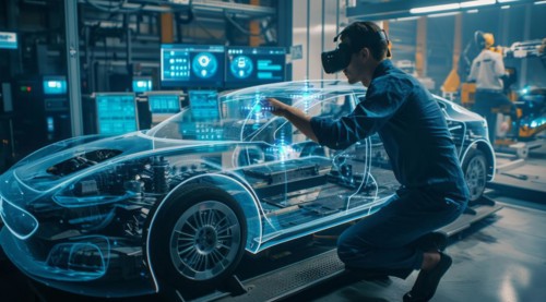 Team of engineers, visualization of future vehicle prototype 3D modeling in car production factory,