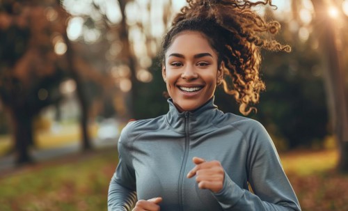 A woman runner running and jogging in a park. Active lifestyle, training for endurance, AI