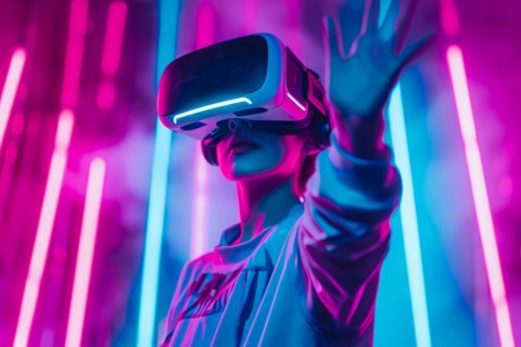 Video gaming player in VR headset playing virtual reality games in 3D VR equipment, AI generated