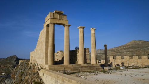 Acropolis of Lindos, morning light, Temple of Athena Lindia, Lindos, Rhodes, Dodecanese, Greek