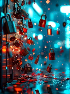 AI generated cyber attack on a bank depicted through a metaphor of shattered locks