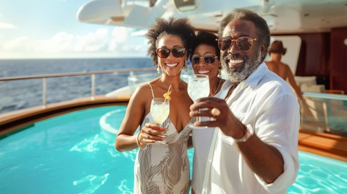 African american friends are enjoying cocktails next to the swimming pool on a luxury cruise ship.